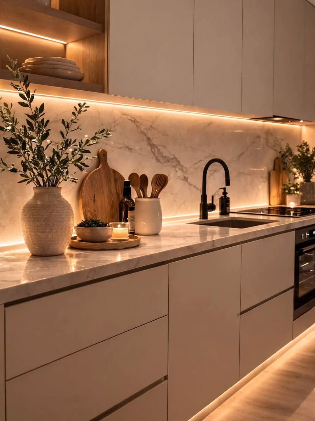 Modern white kitchen with marble counters, olive branches in a vase, and wooden accents.