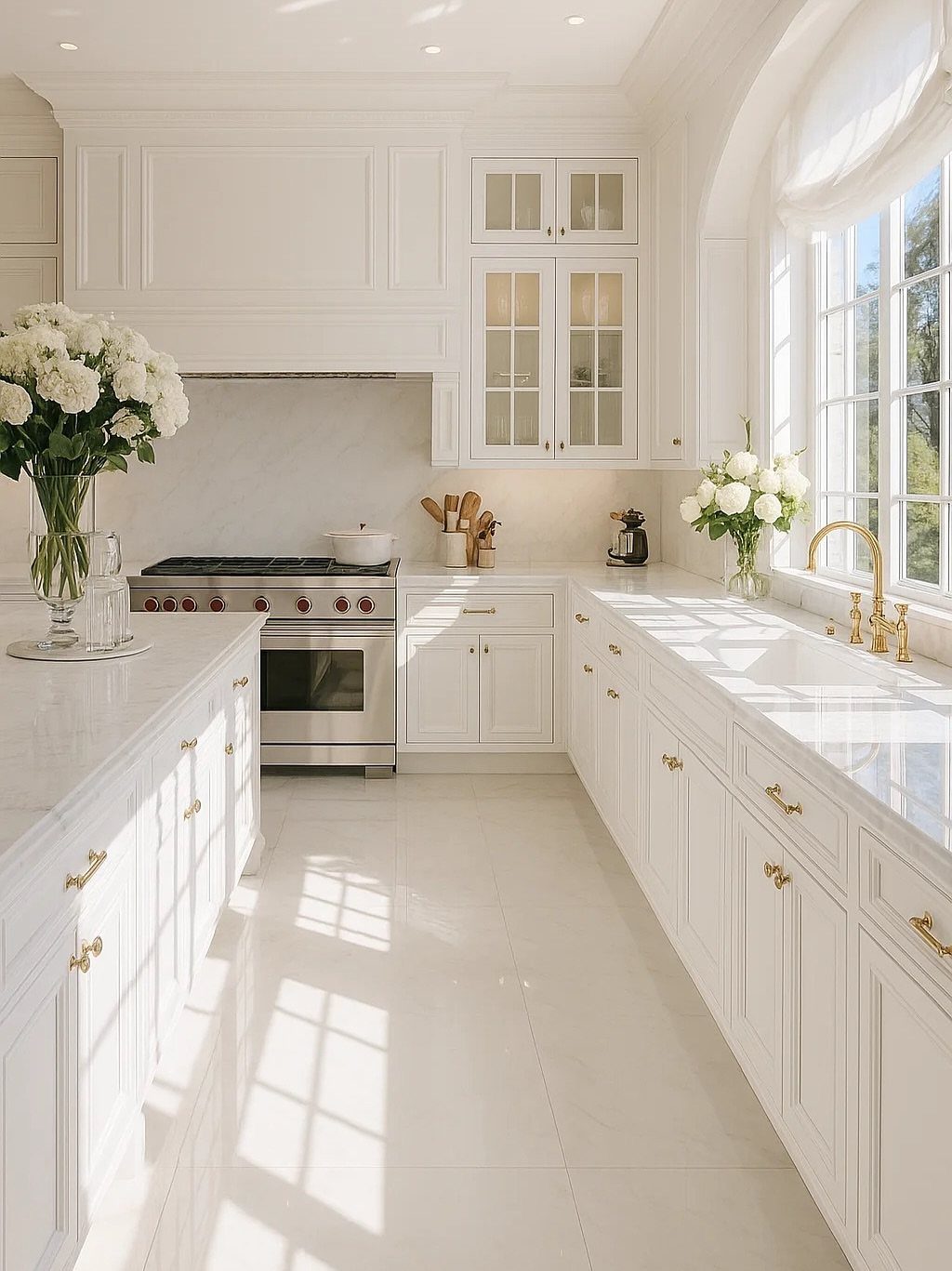 Creamy white kitchen cabinets with gold hardware and white marble countertops and flooring.