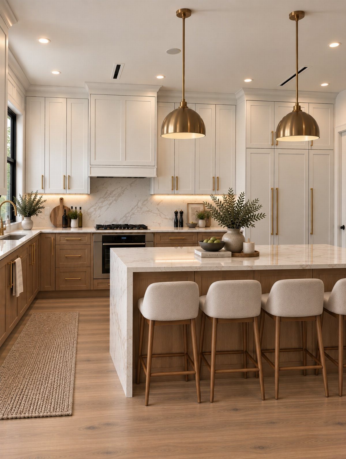 Modern kitchen with cream white cabinets, marble waterfall island, and gold pendant lighting.