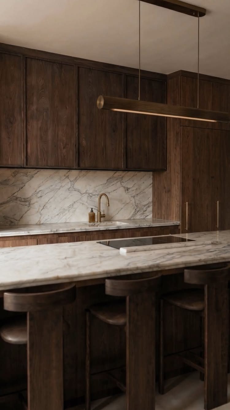 Dark brown wooden kitchen cabinets with white marble countertops and a linear pendant light.