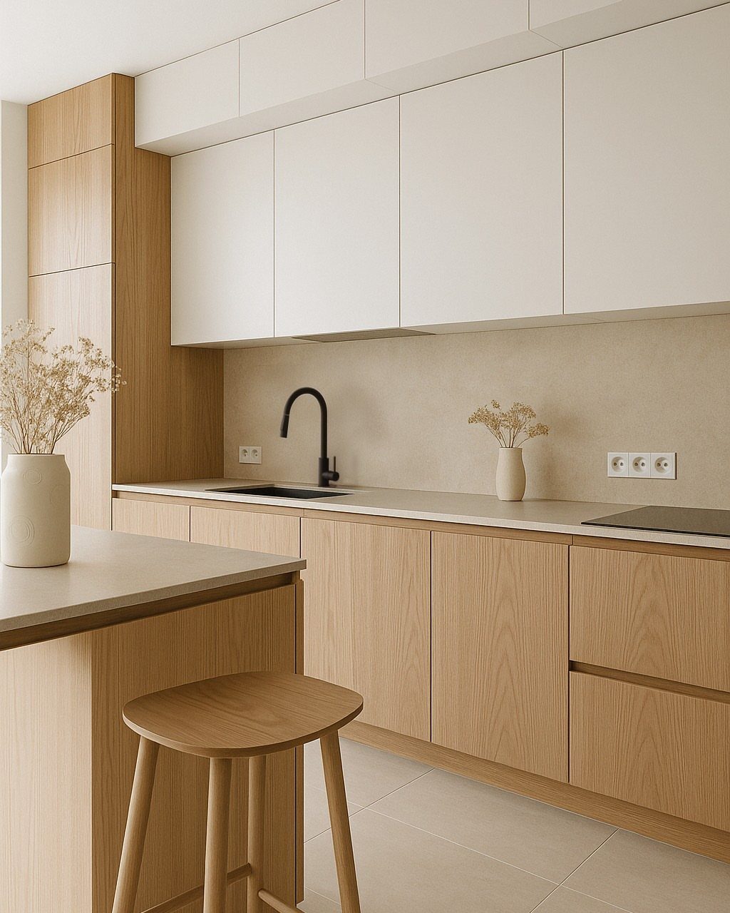 Light wooden flat-panel kitchen cabinets with white upper cabinets and a minimalist design.