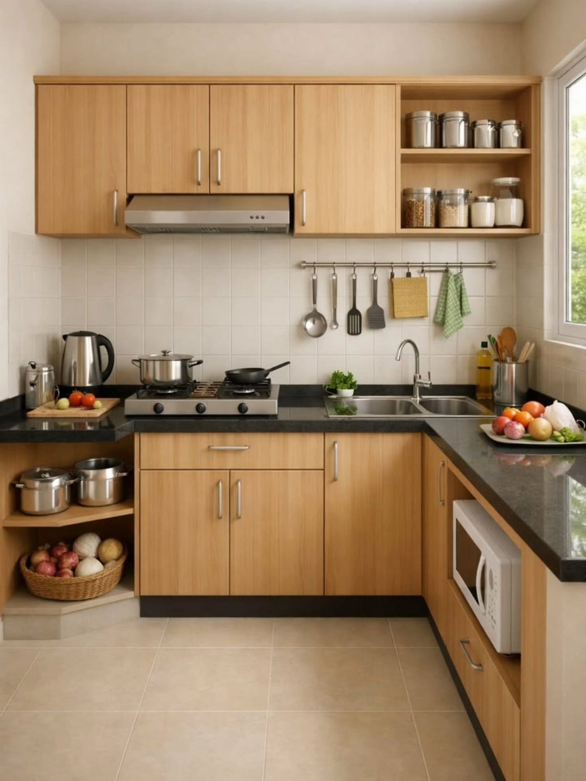 Light wooden kitchen cabinets with black countertops and a white tiled backsplash.
