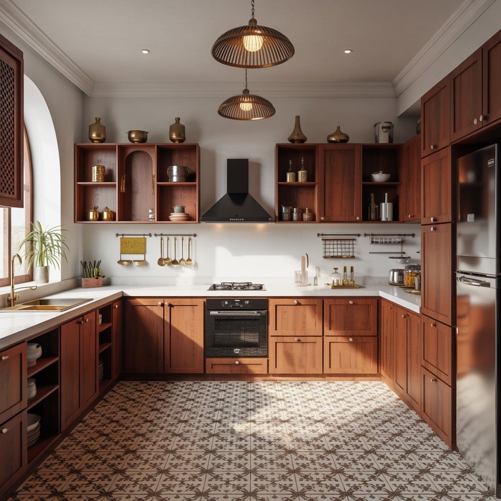Warm brown wooden kitchen cabinets with white countertops and patterned tile flooring.