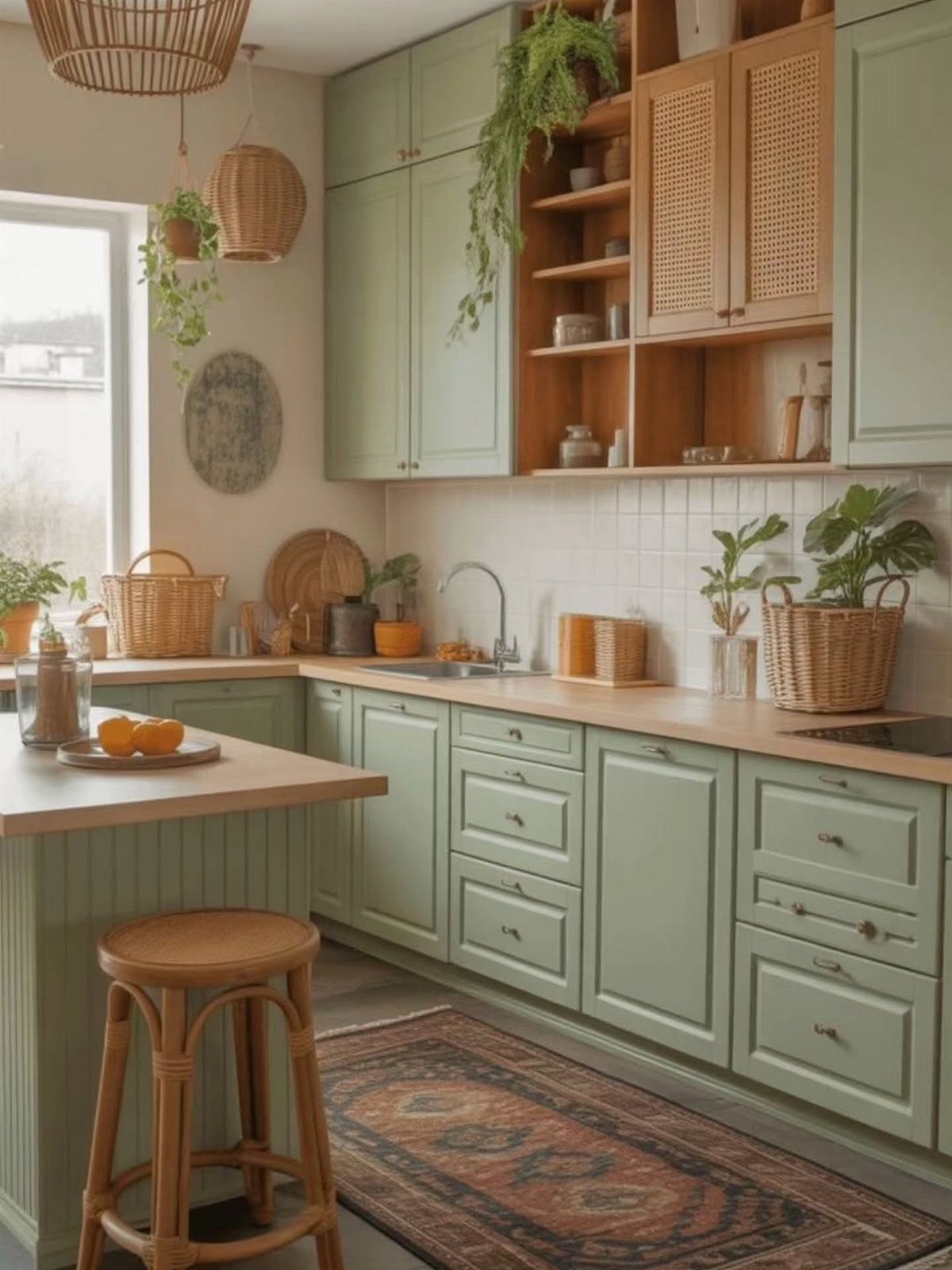 Sage green kitchen cabinets with light wood countertops and open wooden shelving.