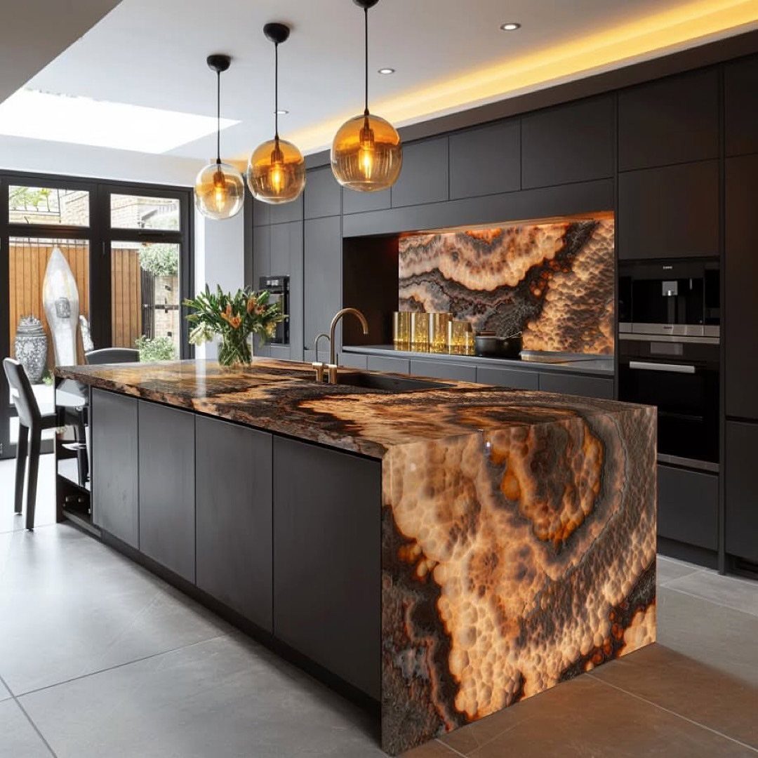 Backlit onyx stone island and backsplash in a modern dark grey kitchen