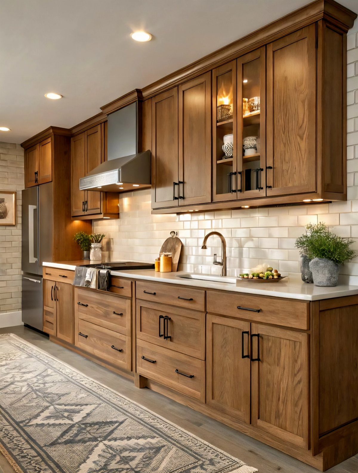 Natural wood kitchen cabinets with black hardware and white quartz countertops.