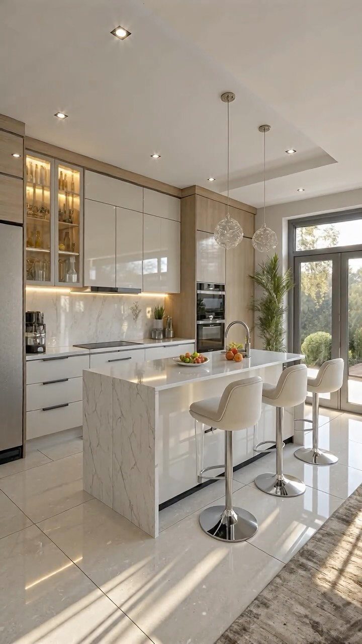 Modern kitchen with white and light wood cabinets and a marble island.