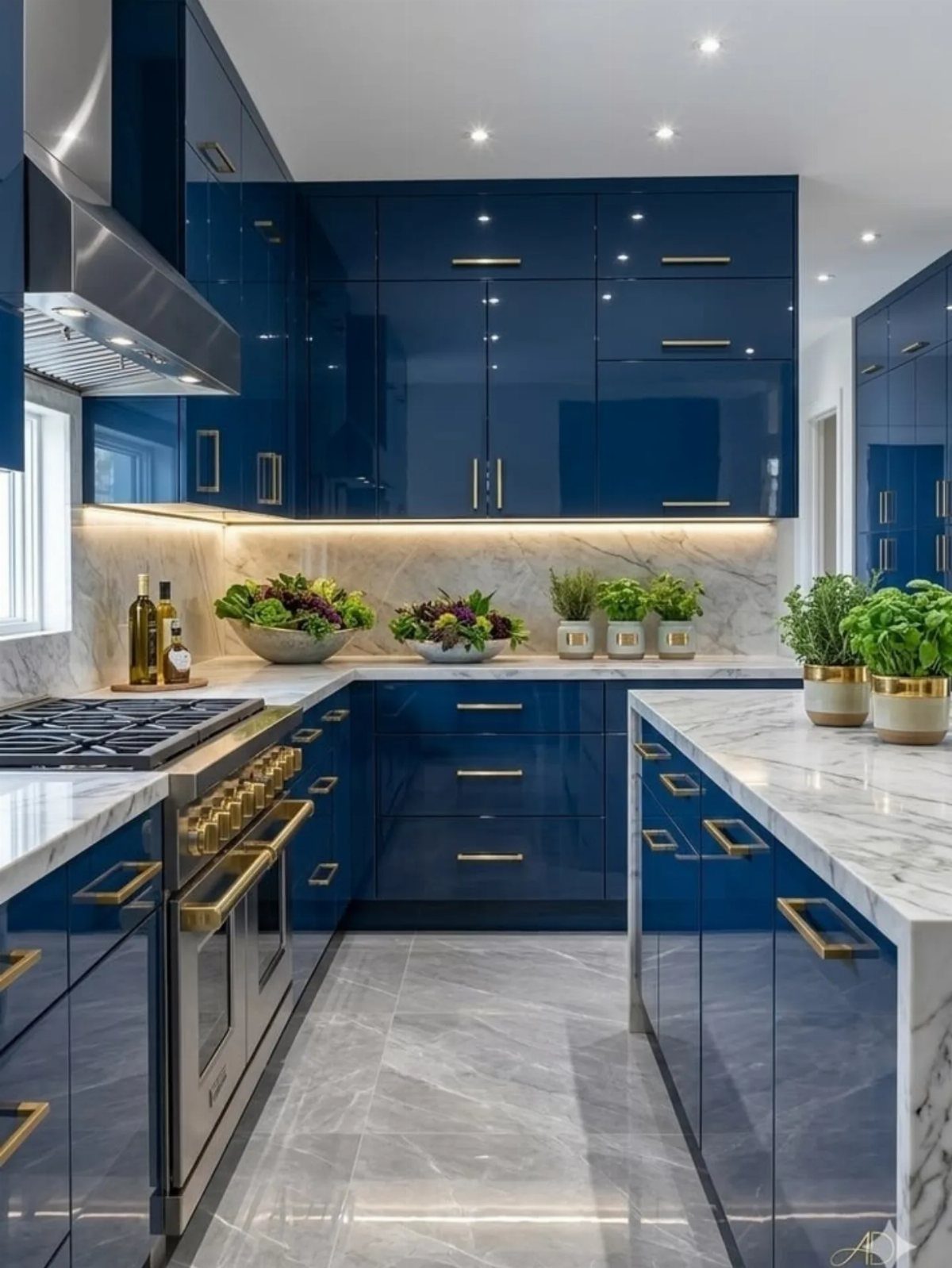 High-gloss navy blue kitchen cabinets with gold hardware and white marble countertops.
