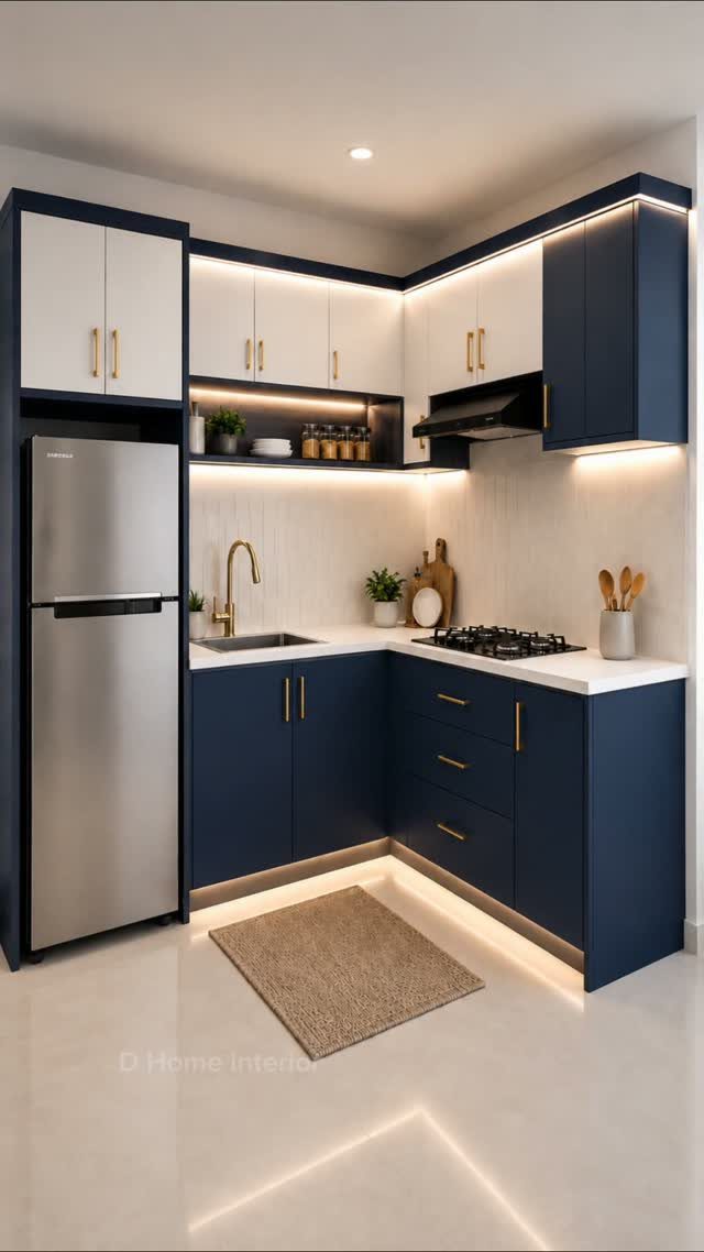 Modern navy blue and white kitchen cabinets with gold hardware and white countertops.