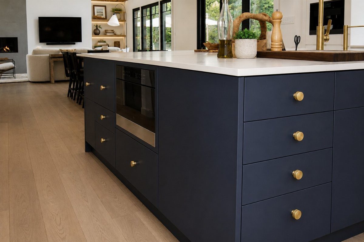 Navy blue kitchen island with white countertops and gold hardware in a modern home.