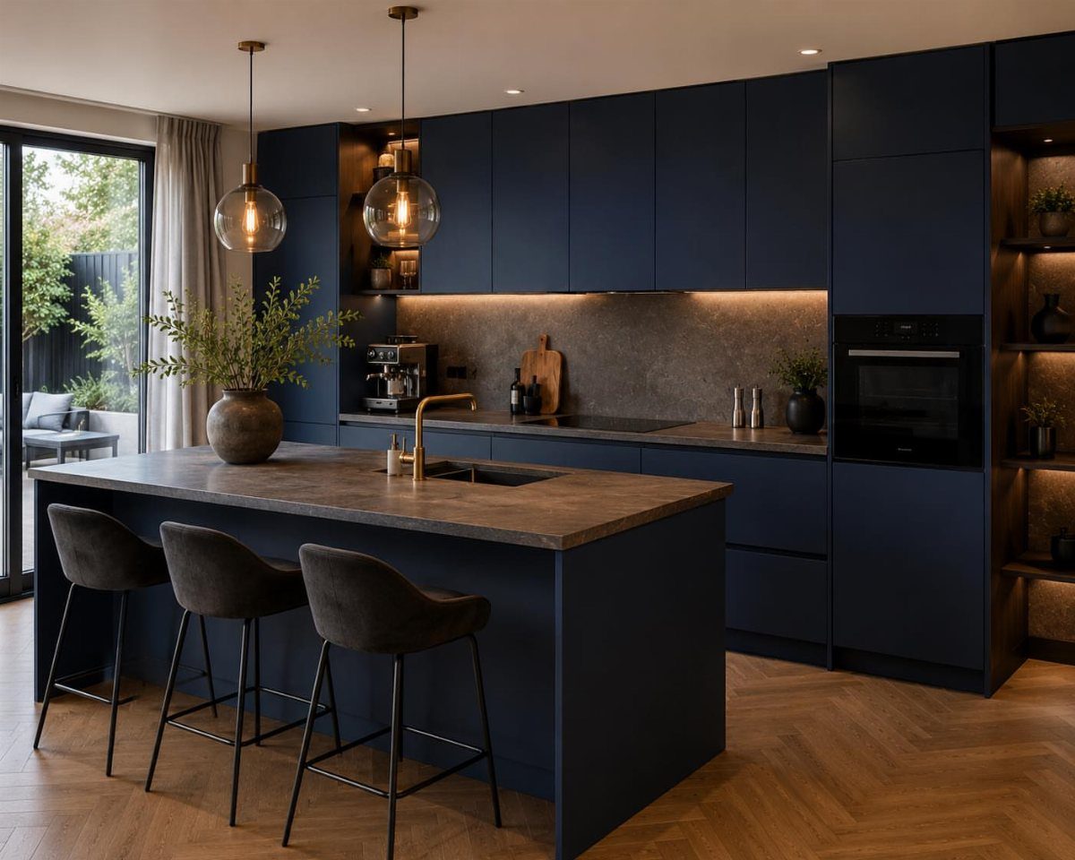Navy blue kitchen cabinets with dark countertops, gold fixtures, and herringbone wood floors.
