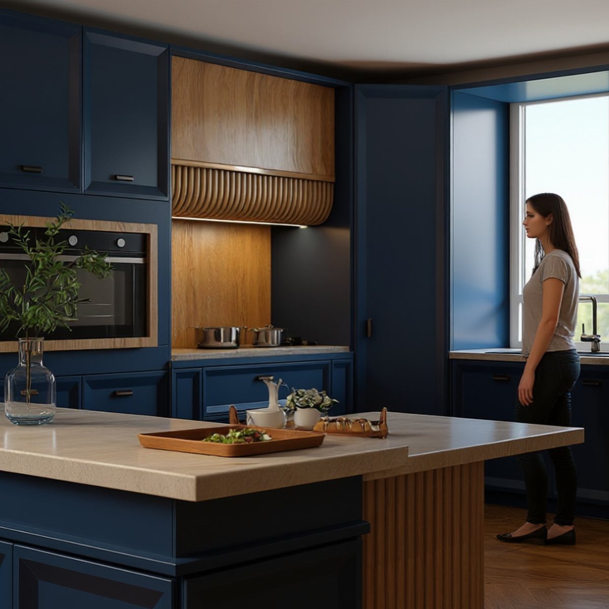 Navy blue kitchen cabinets with light wood accents and a white countertop.