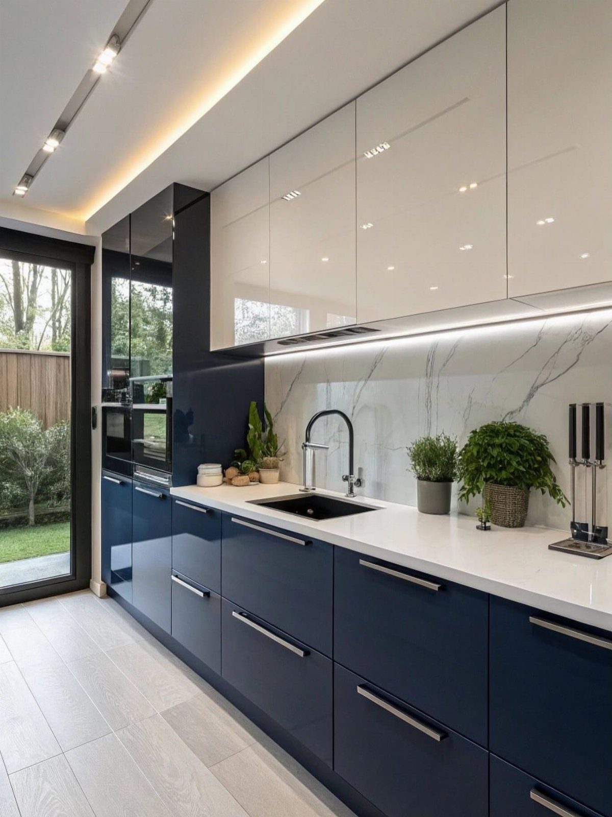 Navy blue lower cabinets and white upper cabinets with a white marble countertop.