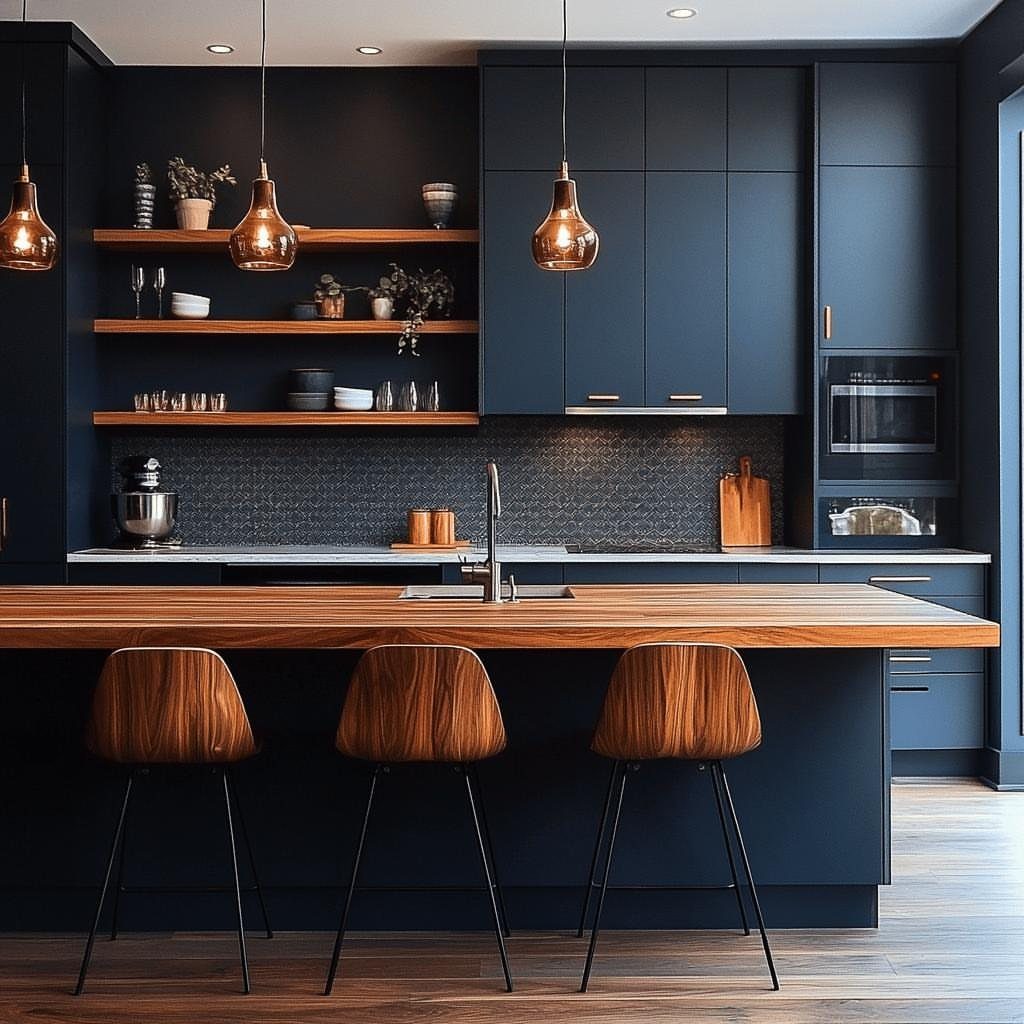 Navy blue kitchen cabinets with a dark patterned tile backsplash and wooden island.