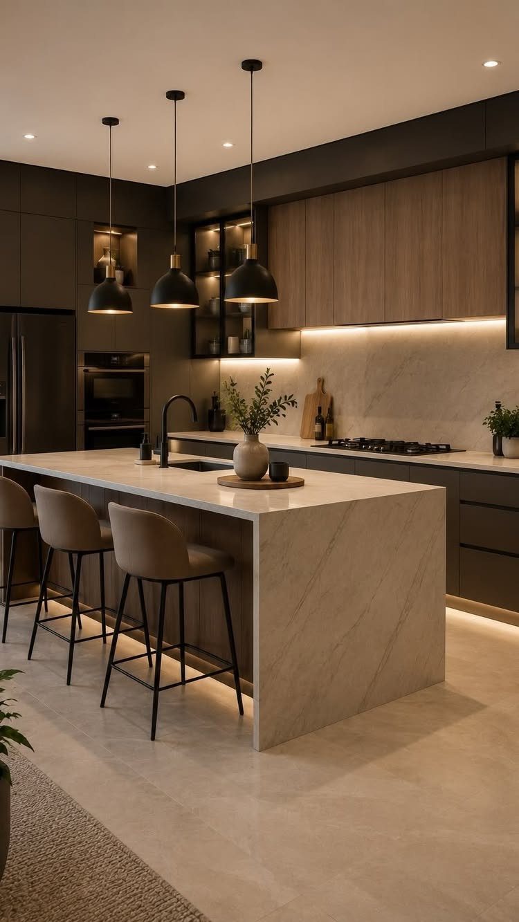 Modern kitchen with oak cabinets, black pendant lights, and a stone island.