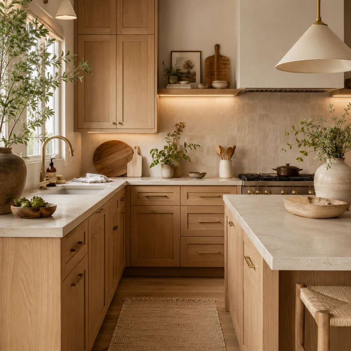 Light oak kitchen cabinets and countertops with a matching oak floating shelf above.
