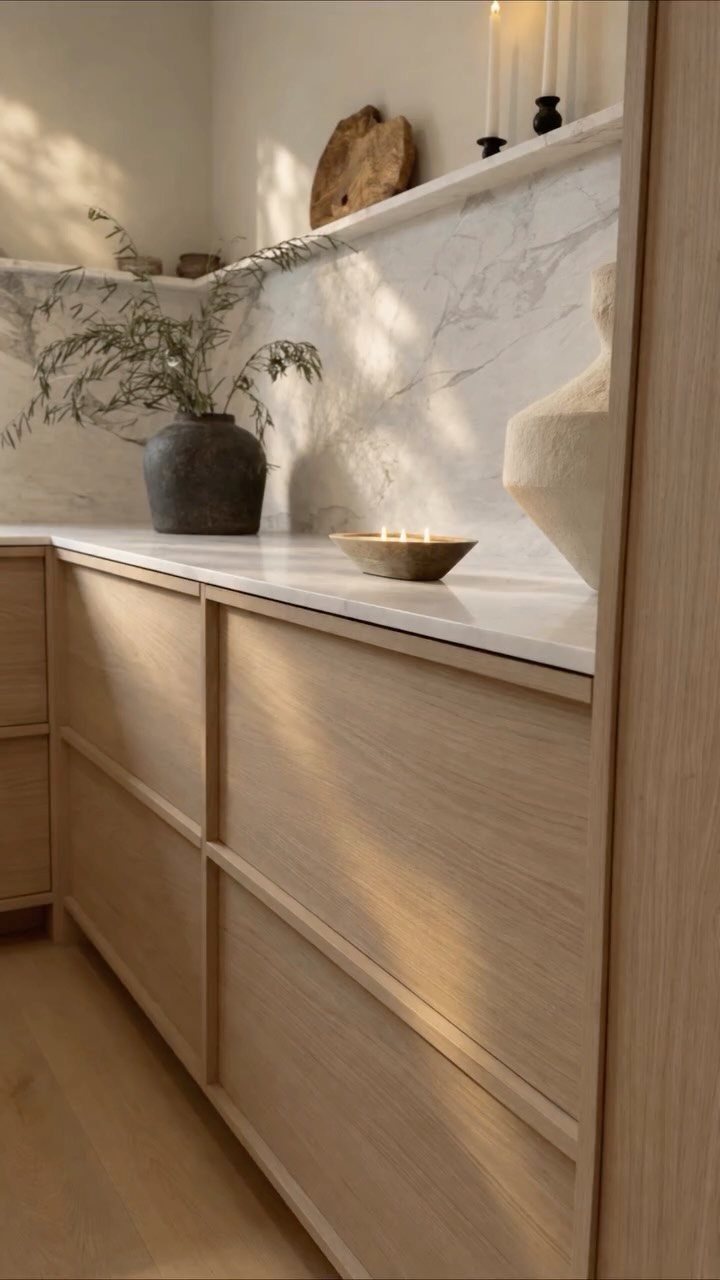 Light oak kitchen cabinets with white marble countertops and a minimalist decor setup.