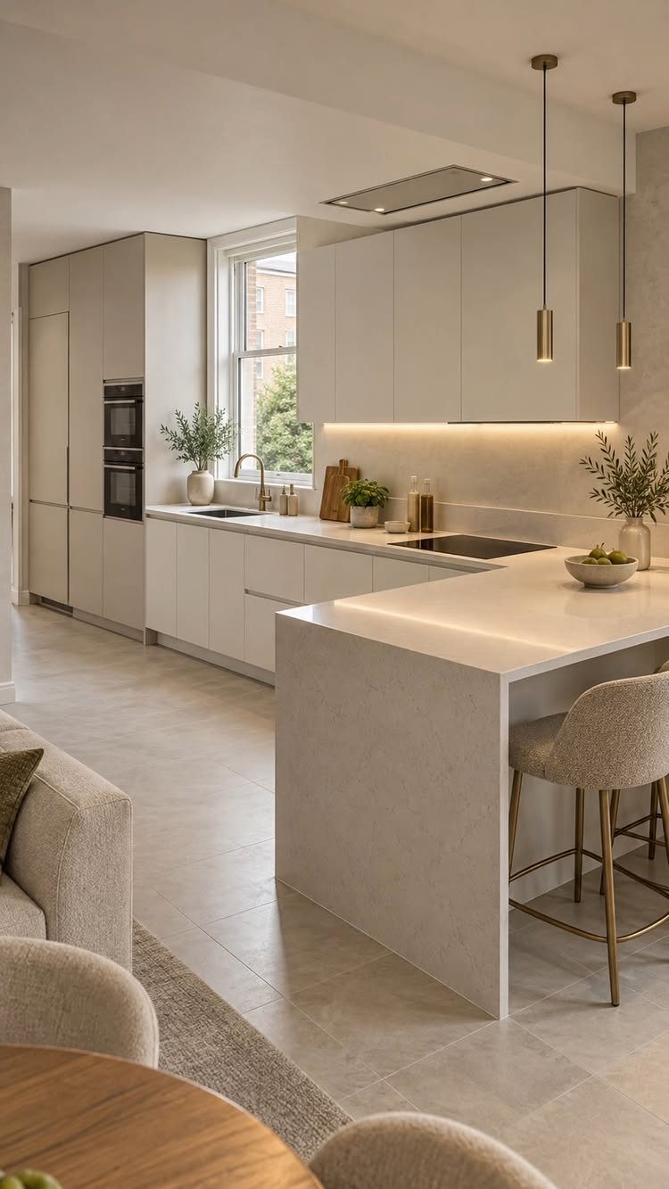 Off-white flat-panel kitchen cabinets and island with light grey tiled flooring and gold lighting.
