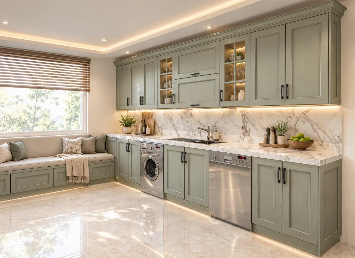 Olive green kitchen cabinets with white marble countertops and a built-in bench seat.