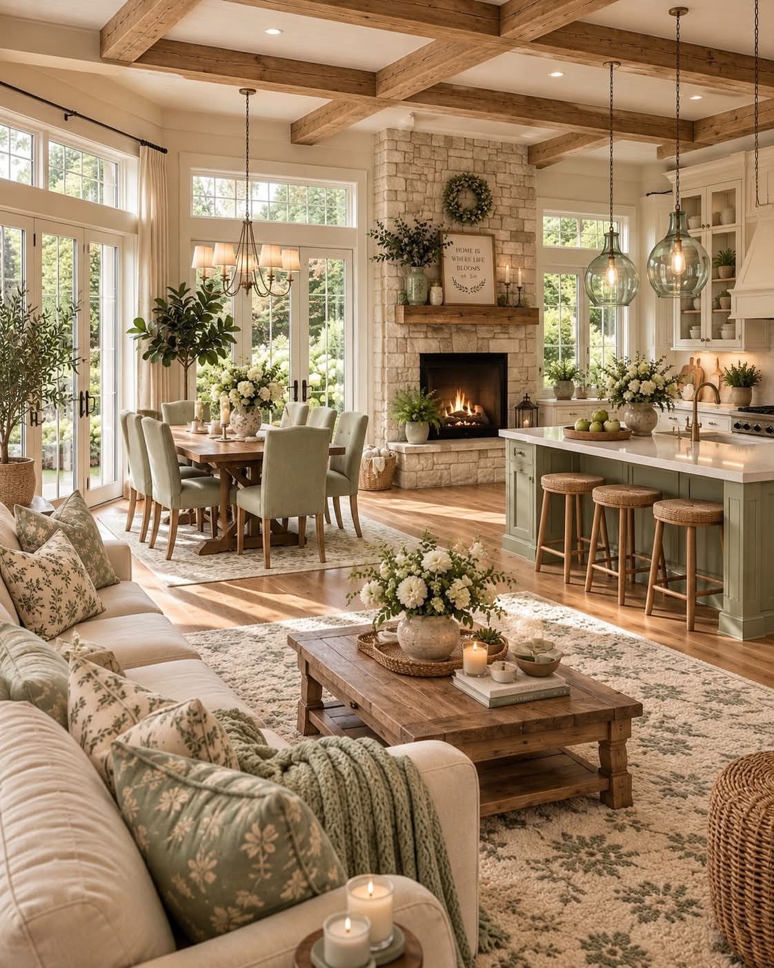 Olive green kitchen island in a farmhouse style open-concept living area with wooden beams.