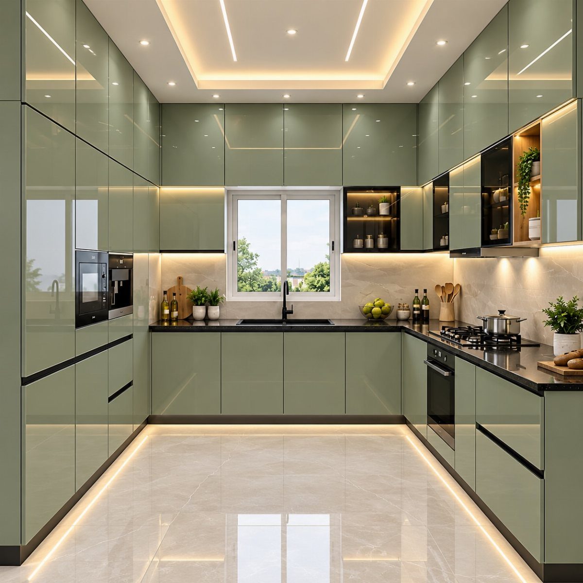 Glossy olive green floor-to-ceiling kitchen cabinets with black countertops and marble flooring.