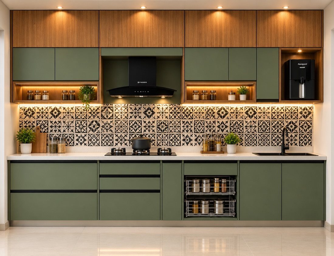 Olive green kitchen cabinets with wood accents and patterned black and white tile backsplash.