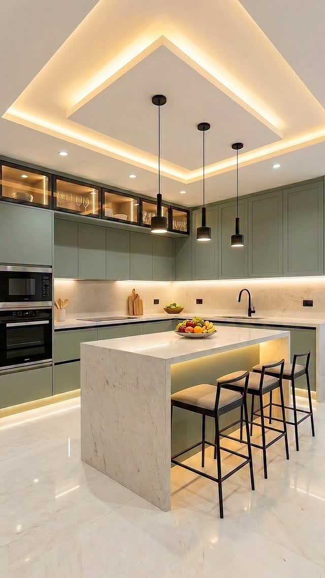 Olive green kitchen cabinets and a white marble island with black bar stools.