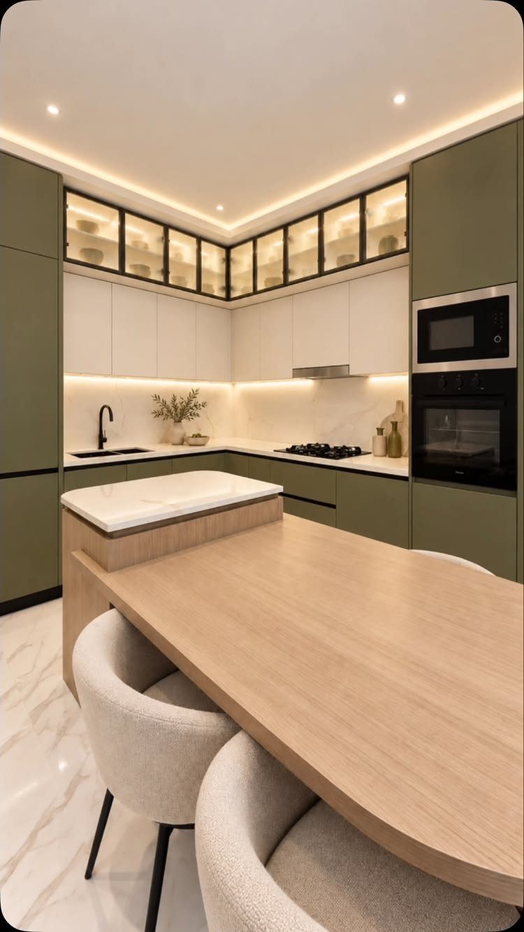 Olive green and creamy beige kitchen cabinets with a light wood dining table