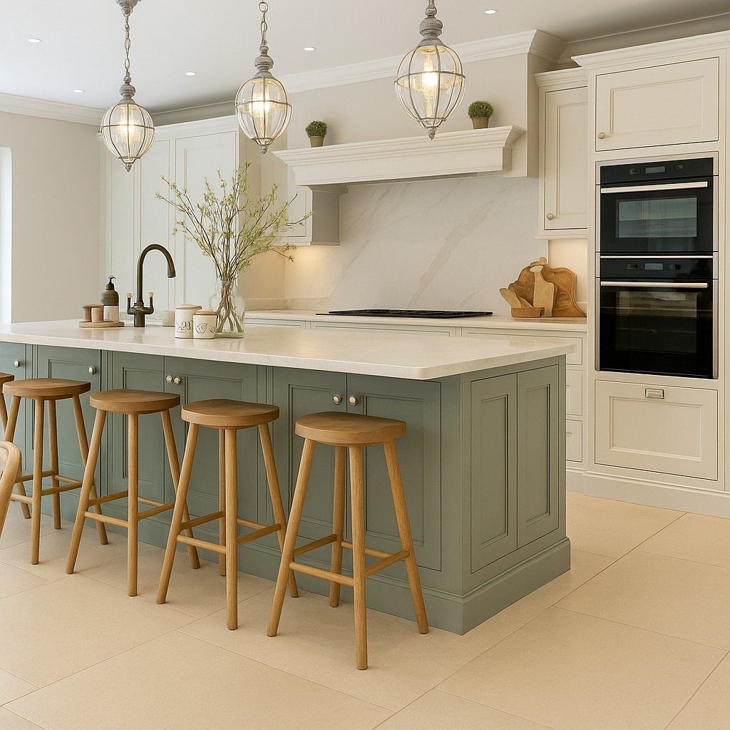 Olive green kitchen island with white countertop and four wooden bar stools.