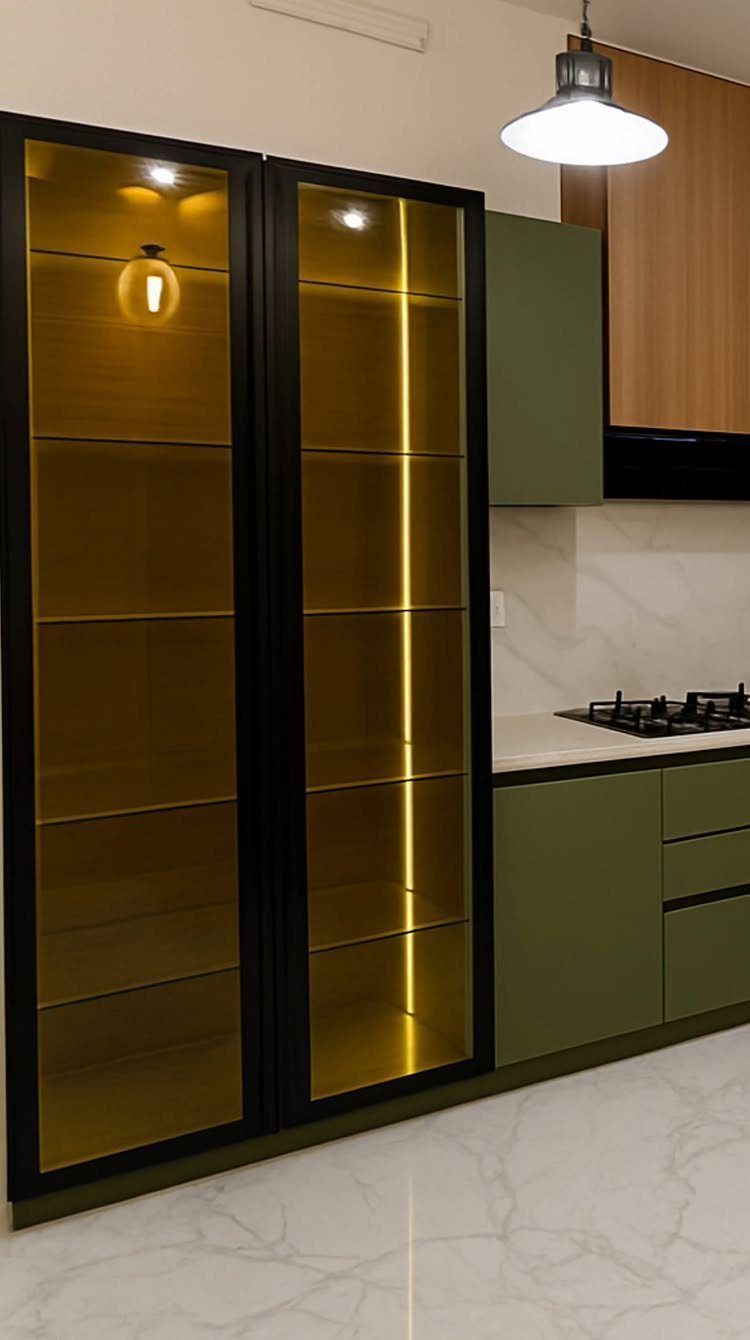 Olive green kitchen cabinets next to a black-framed glass display cabinet with warm lighting.