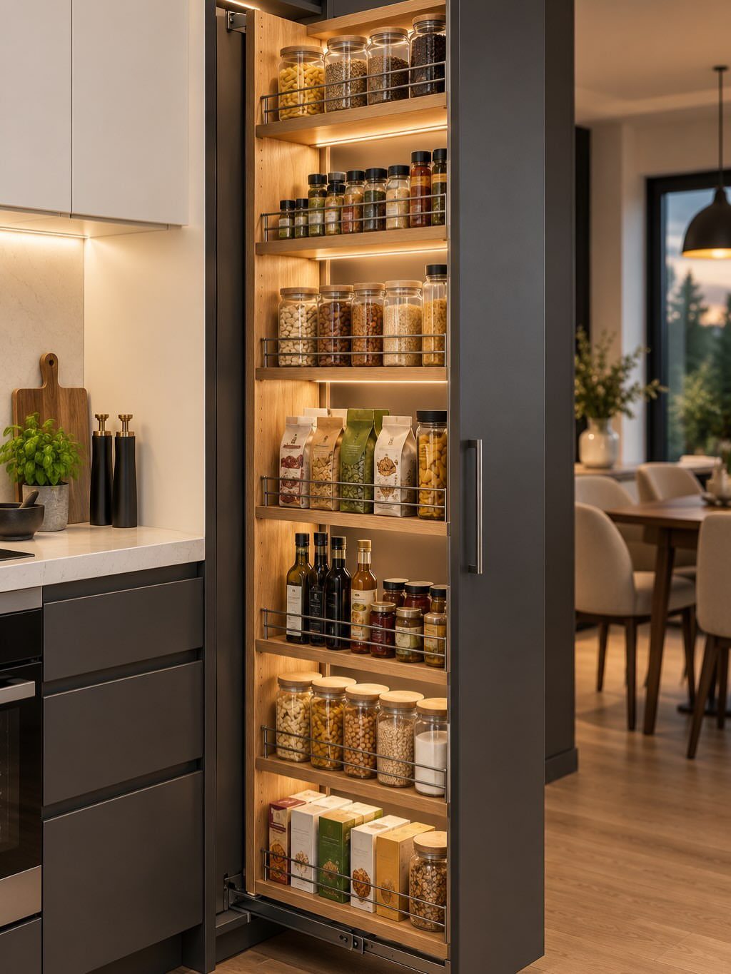 Pull-out pantry cabinet filled with organized glass jars and food containers in a kitchen.