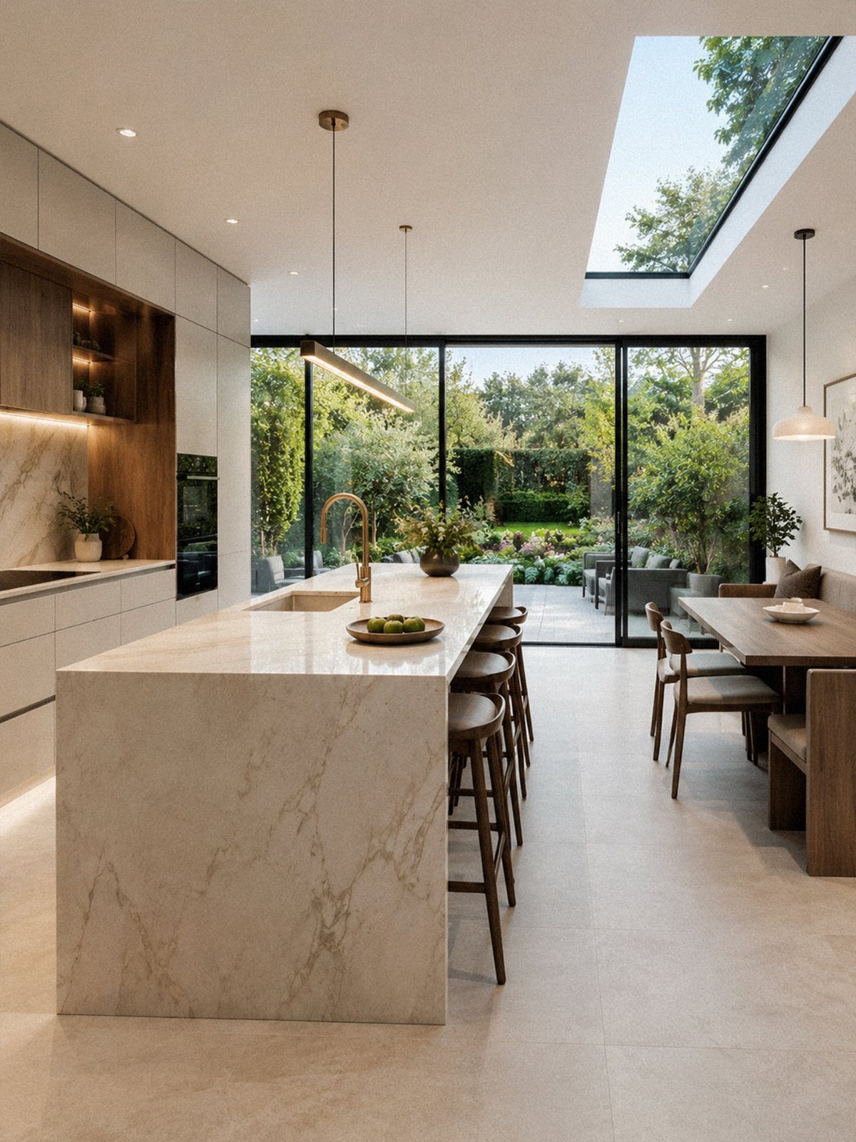 Modern open kitchen with marble island, light tiled floors, and garden views.