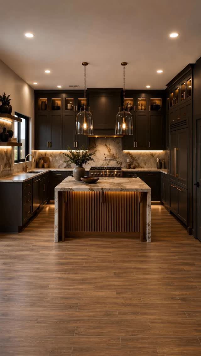 Modern kitchen featuring recessed ceiling lights, glass pendant lamps, and under-cabinet lighting.