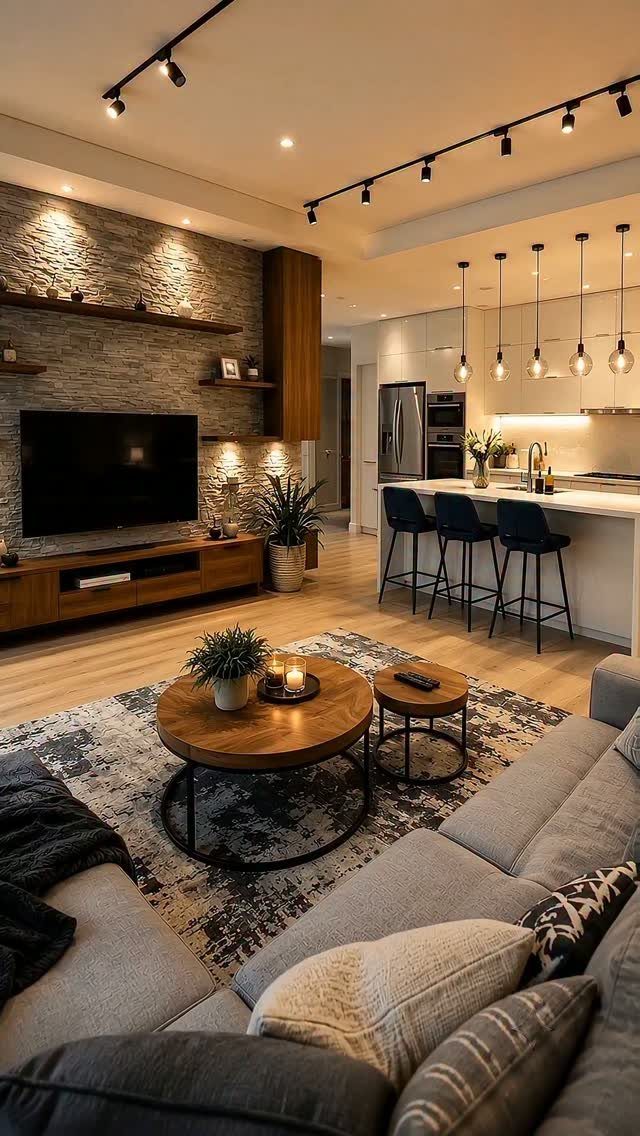 Modern open concept living room and kitchen with grey sofa and white island