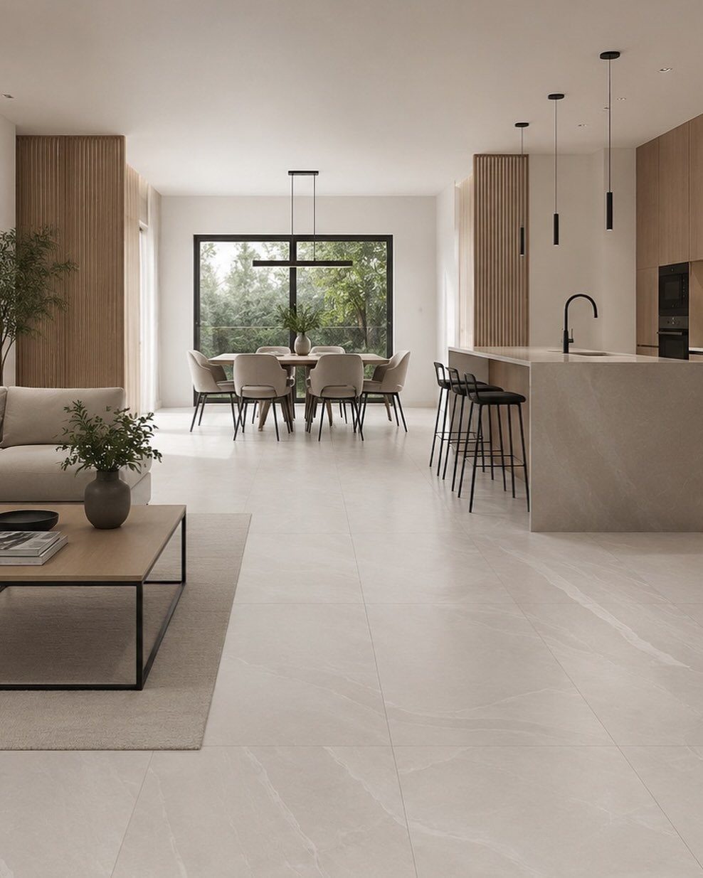 Modern open concept living room, dining area, and kitchen with neutral tones.