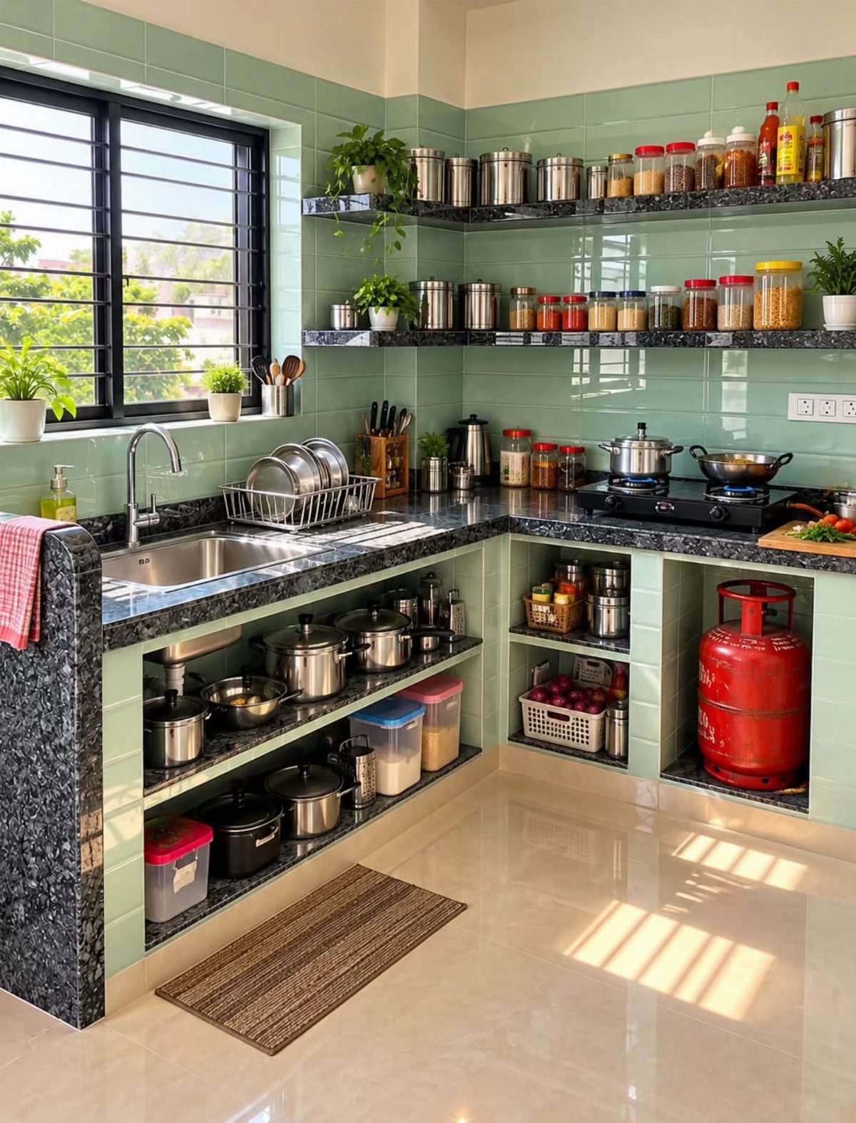 Kitchen with open black shelving holding pots and jars against green tiled walls.