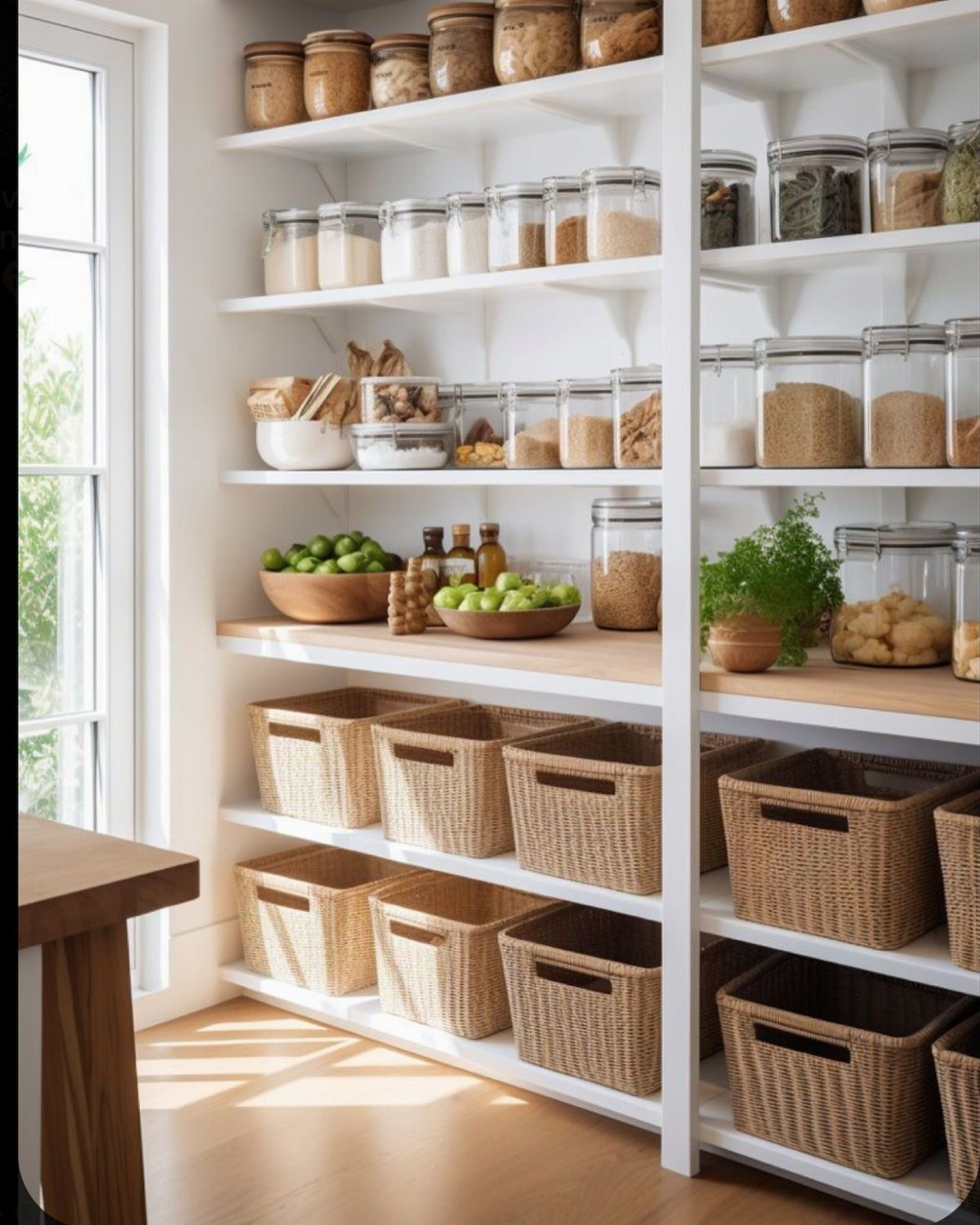 White open pantry shelves holding glass storage jars and woven wicker baskets.