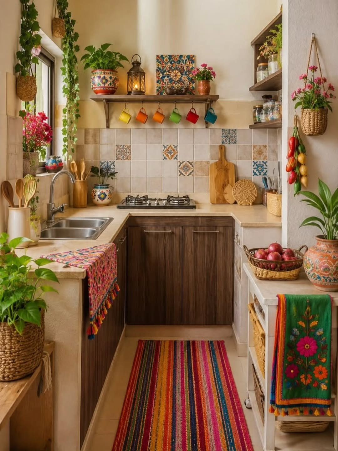 Kitchen with dark brown lower cabinets and a wooden open shelf above the counter.