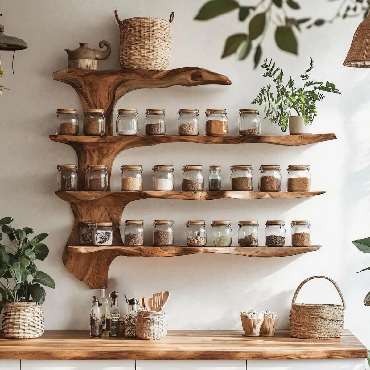 Live-edge wooden open shelves holding glass spice jars and woven baskets in a kitchen