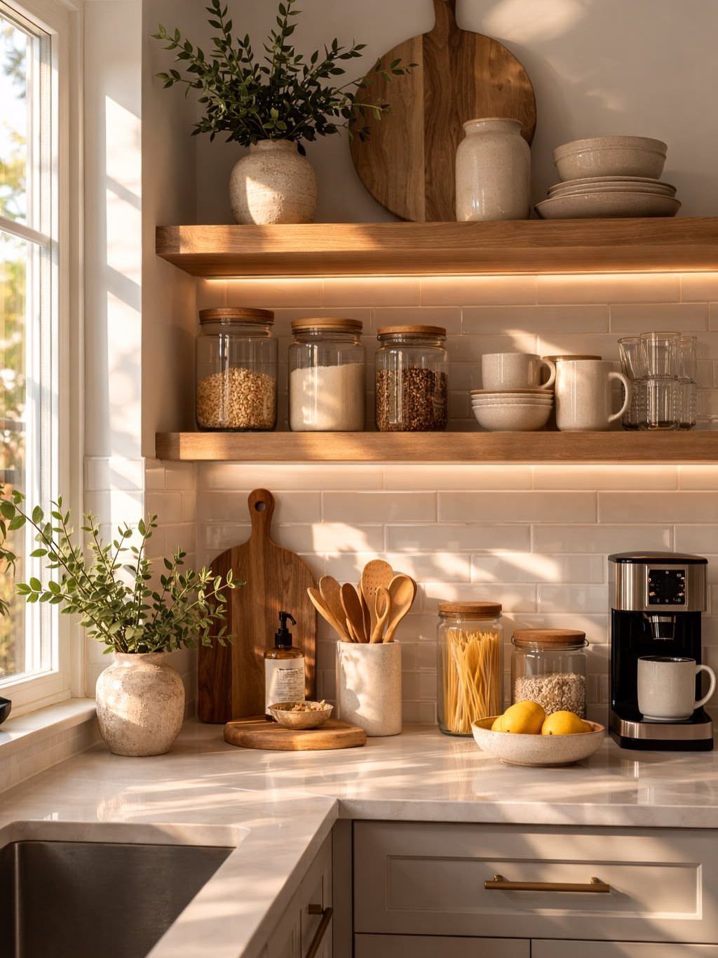 Wooden floating shelves with kitchenware and plants against a white tiled wall