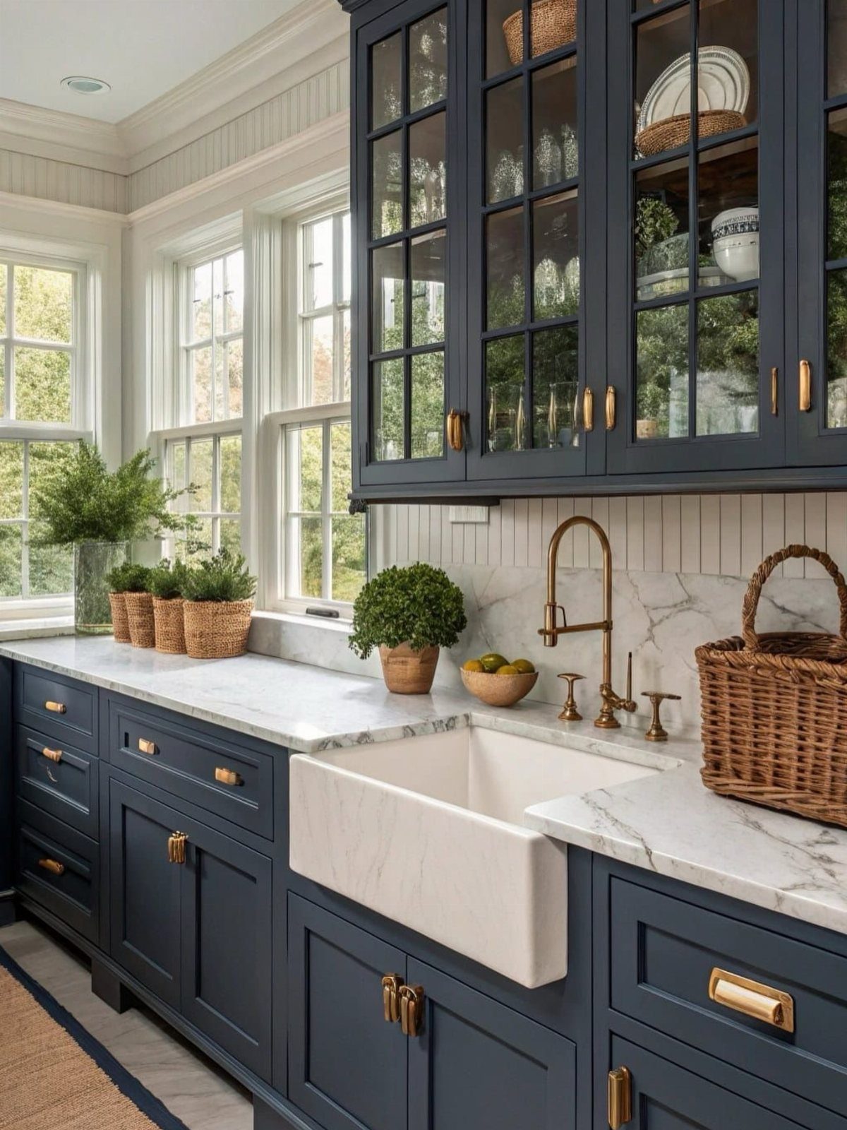 Deep navy blue kitchen cabinets with gold handles and white marble countertops.