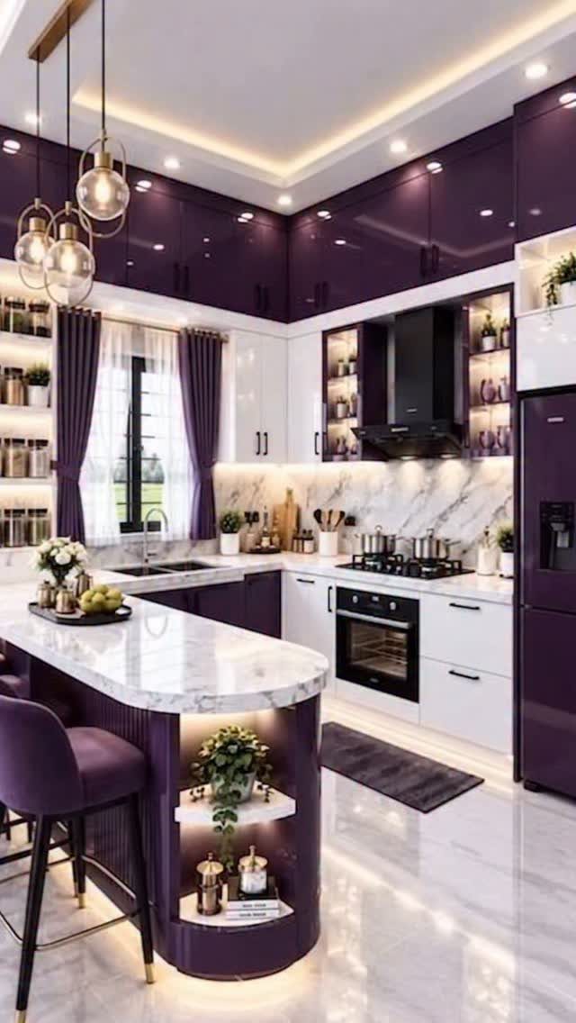 Deep purple glossy kitchen cabinets with white marble countertops and a matching island.