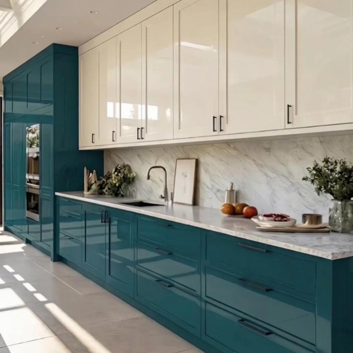 Muted sea green lower cabinets and white upper cabinets with marble countertops.