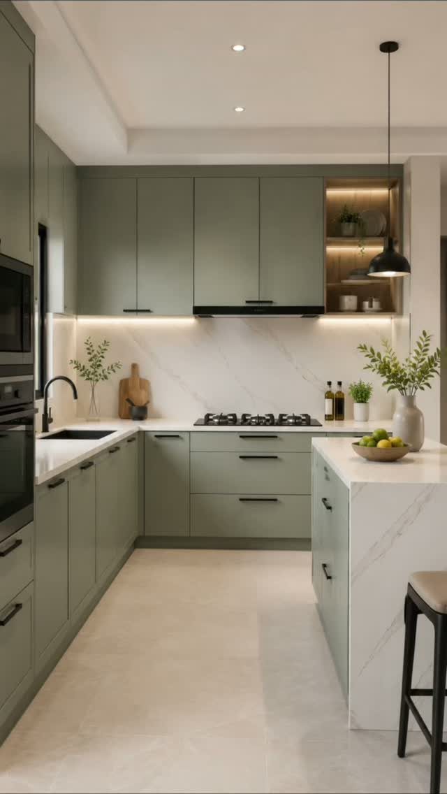 Sage green kitchen cabinets with white marble countertops and a matching island.