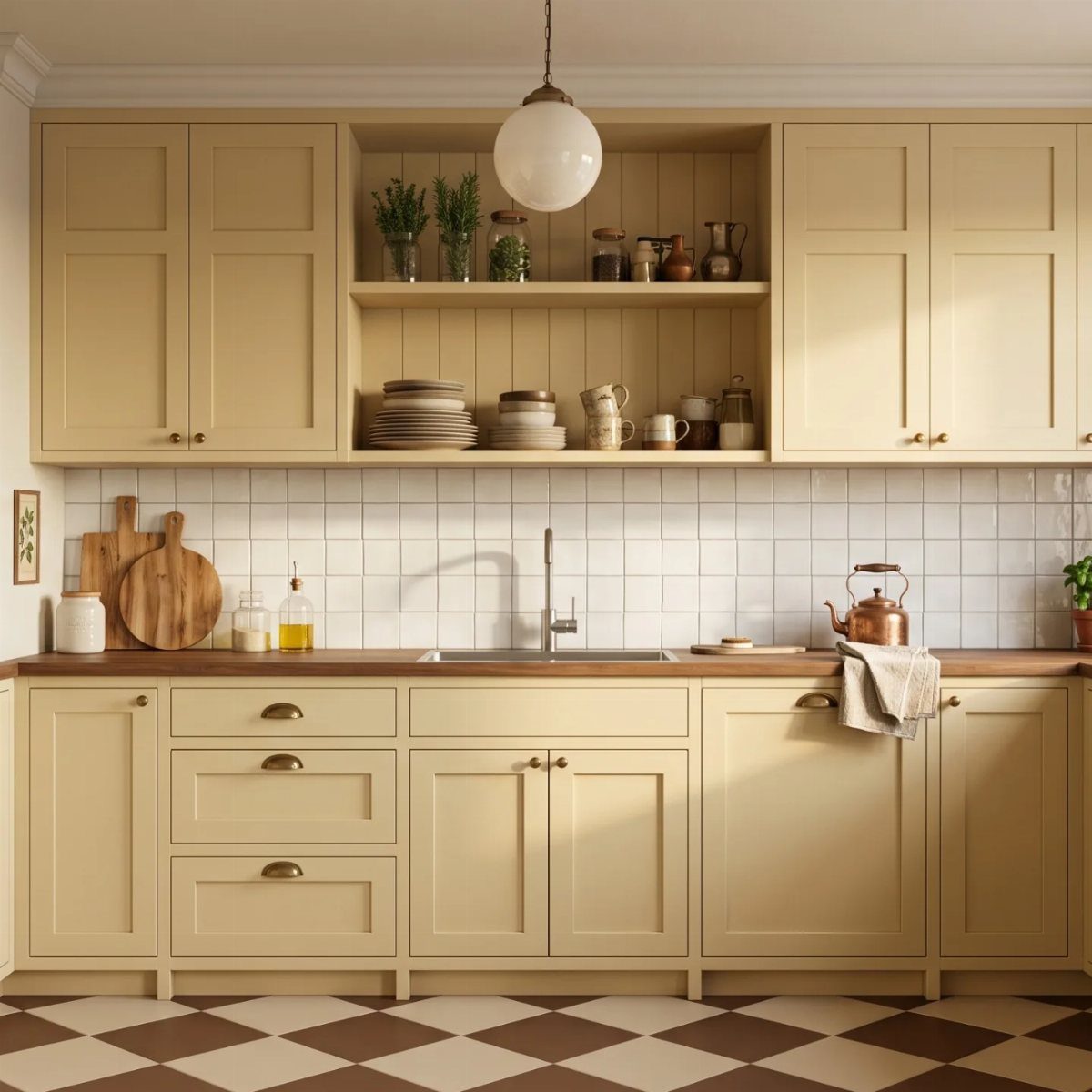 Soft yellow kitchen cabinets with wooden countertops and a checkered floor.
