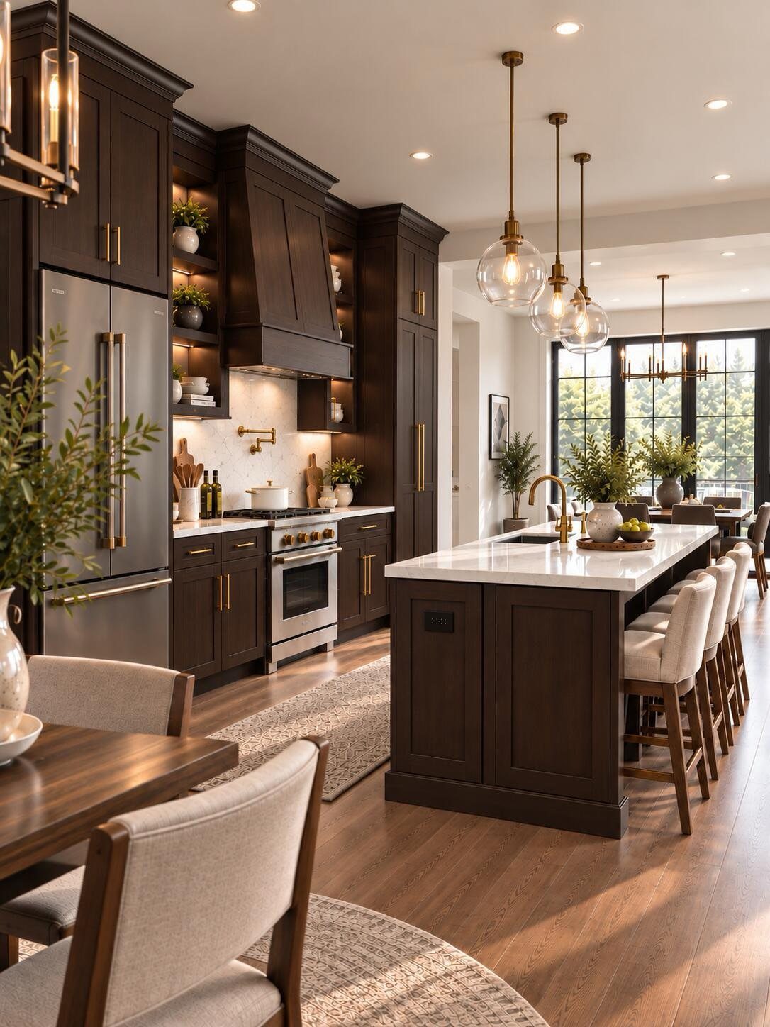 Espresso brown kitchen cabinets with a white marble island and gold pendant lights.
