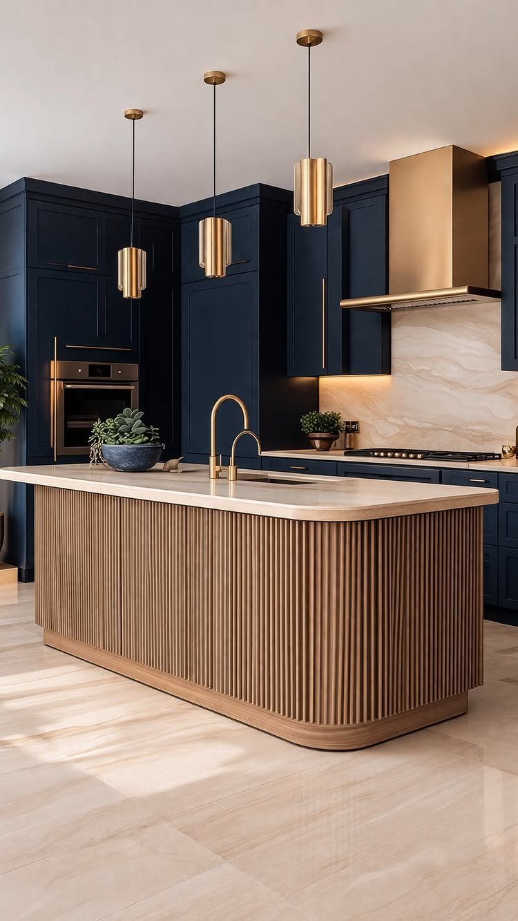 Navy blue kitchen cabinets paired with a light wood slatted kitchen island base.