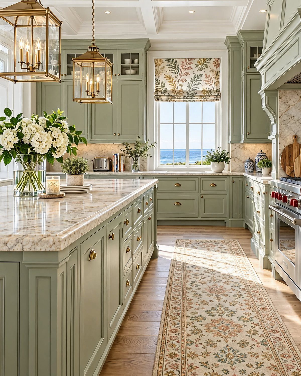 Sage green kitchen with marble countertops, gold hardware, and an ocean view window.