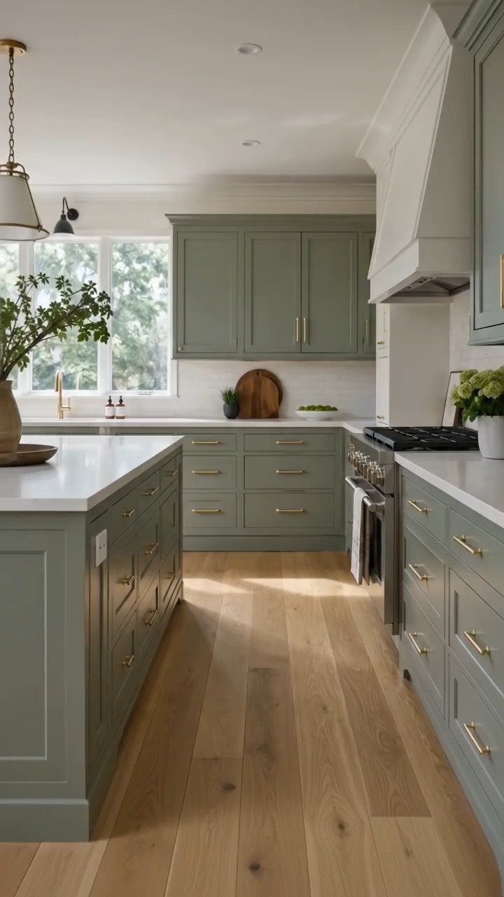Sage green kitchen with white countertops, gold hardware, and light wood floors.