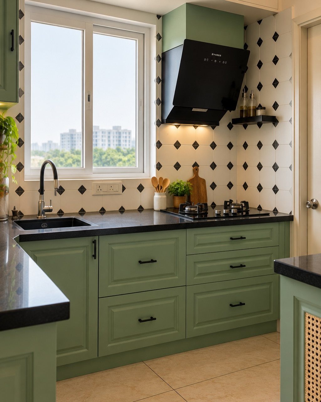 Sage green kitchen cabinets with black countertops and diamond patterned backsplash tiles.